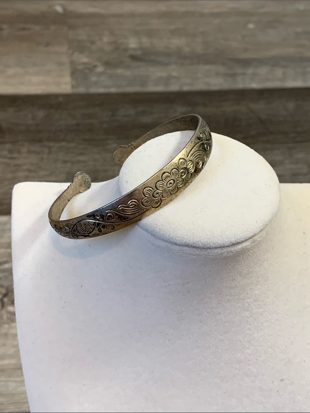 Antique Floral Engraved Silver Tone Cuff Bracelet
